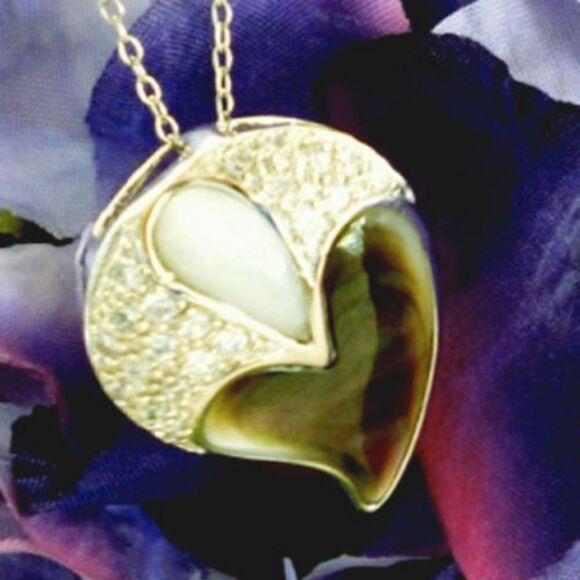 925 STERLING MOTHER OF PEARL PAVE SET CRYSTAL HEART SHAPED PENDANT NECKLACE  18" - Picture 1 of 7